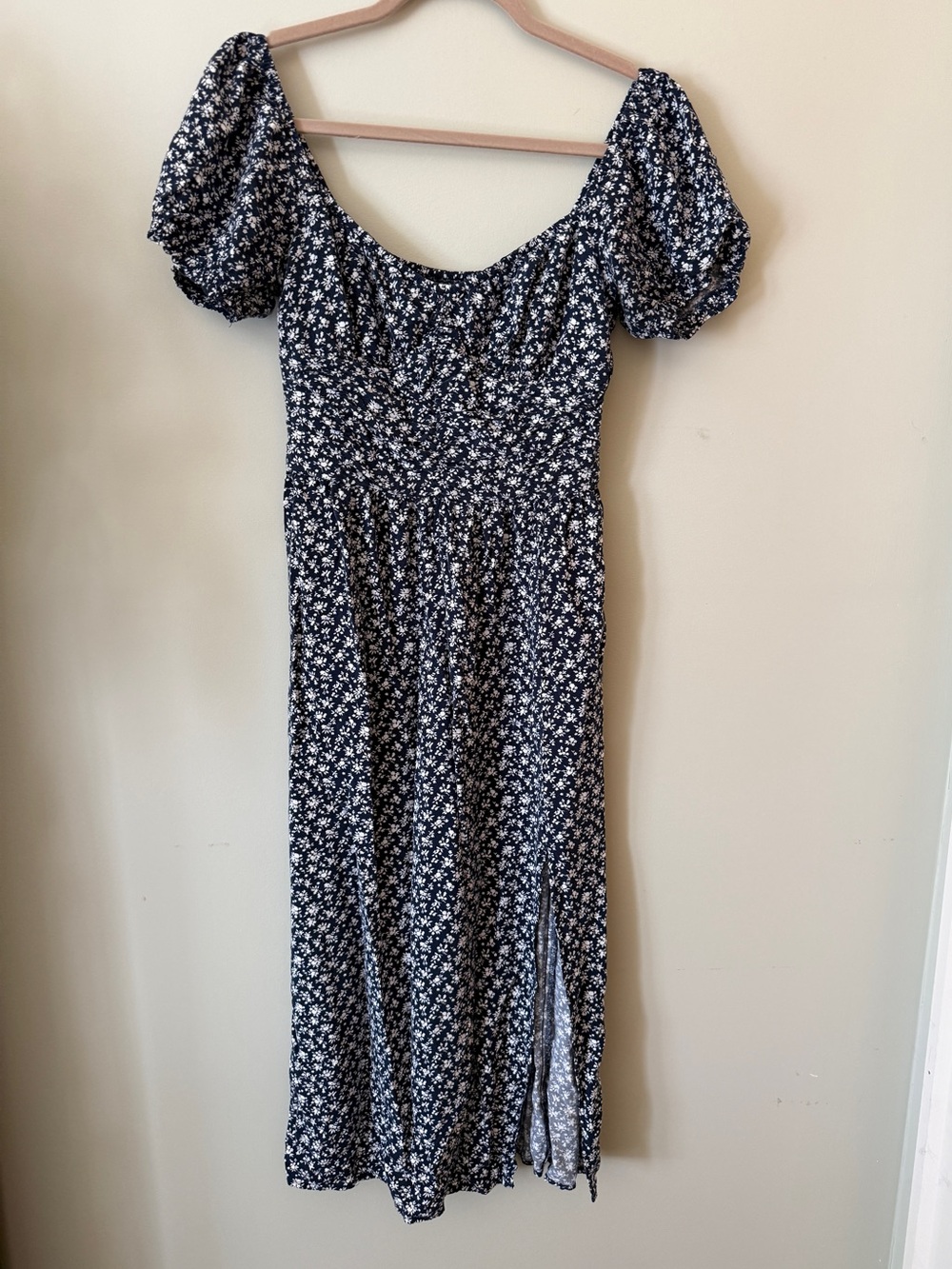 TALL Floral Puff-Sleeve Smocked Back Side Slit Midi Dress